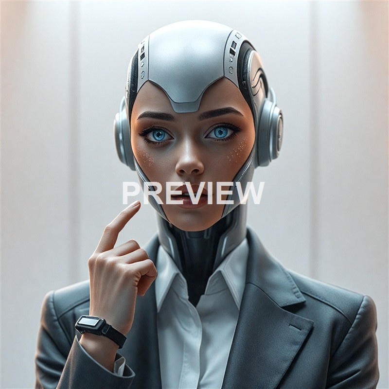 A woman with striking blue eyes wearing a futuristic robot helmet and suit, with her hand raised to her face in a thoughtful pose.